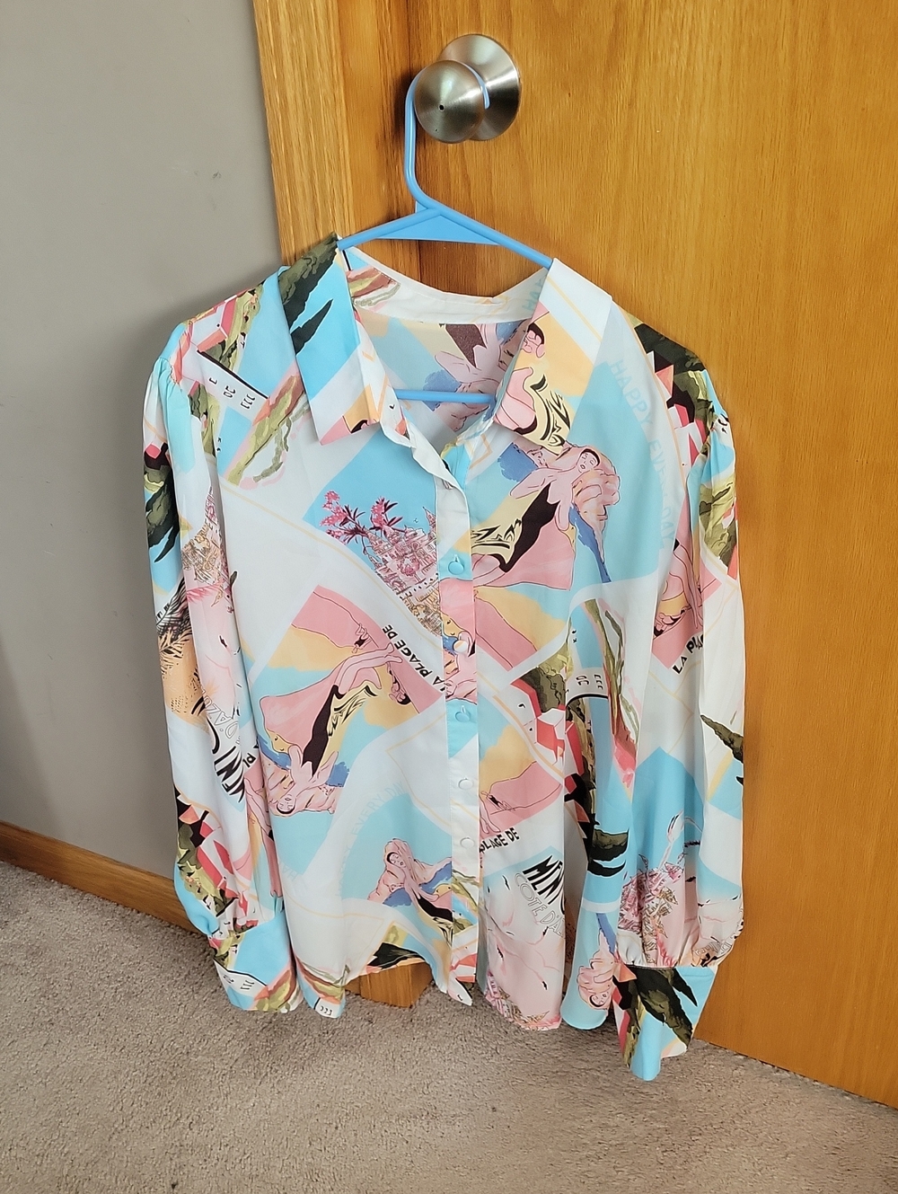 Printed Button-Up Blouse in Pastel Blue and Pink